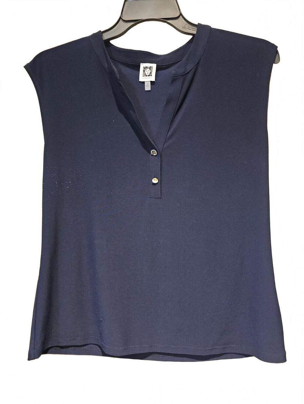 Anne Klein Navy Blue Cap Sleeve V-Neck Top With Gold Button Accents. Size Medium